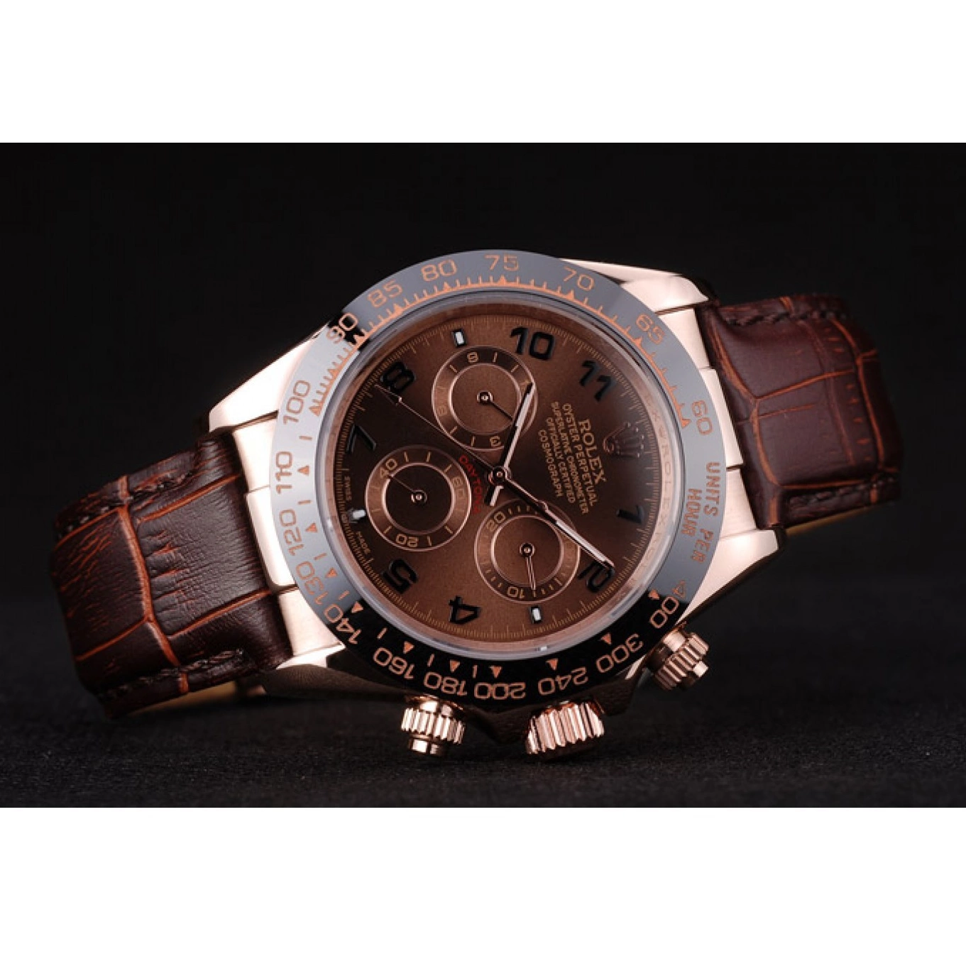 Aaa fake watches Brown Strap Rolex Gold Daytona Leather Rose Brown Dial Case 0820